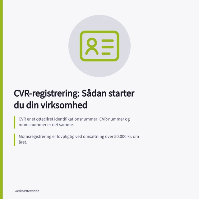 CVR-registrering: Sådan starter du din virksomhed: CVR er et ottecifret identifikationsnummer; CVR-nummer og momsnummer er det samme.; Momsregistrering er lovpligtig ved omsætning over 50.000 kr. om året.; ApS kræver mindst 20.000 kr. i indskud; kapitalen godkendes af revisor/bank. CVR-registrering: trin og oplysninger til nye virksomheder
